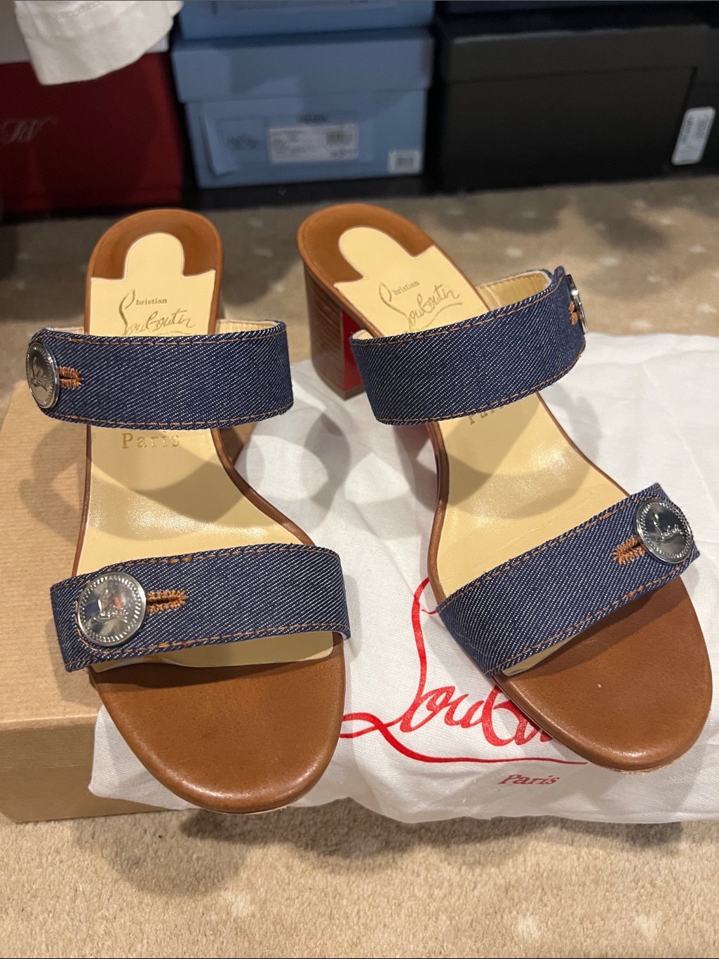 Christian Louboutin Denim Sandal Size 39 With Silver Button Accent